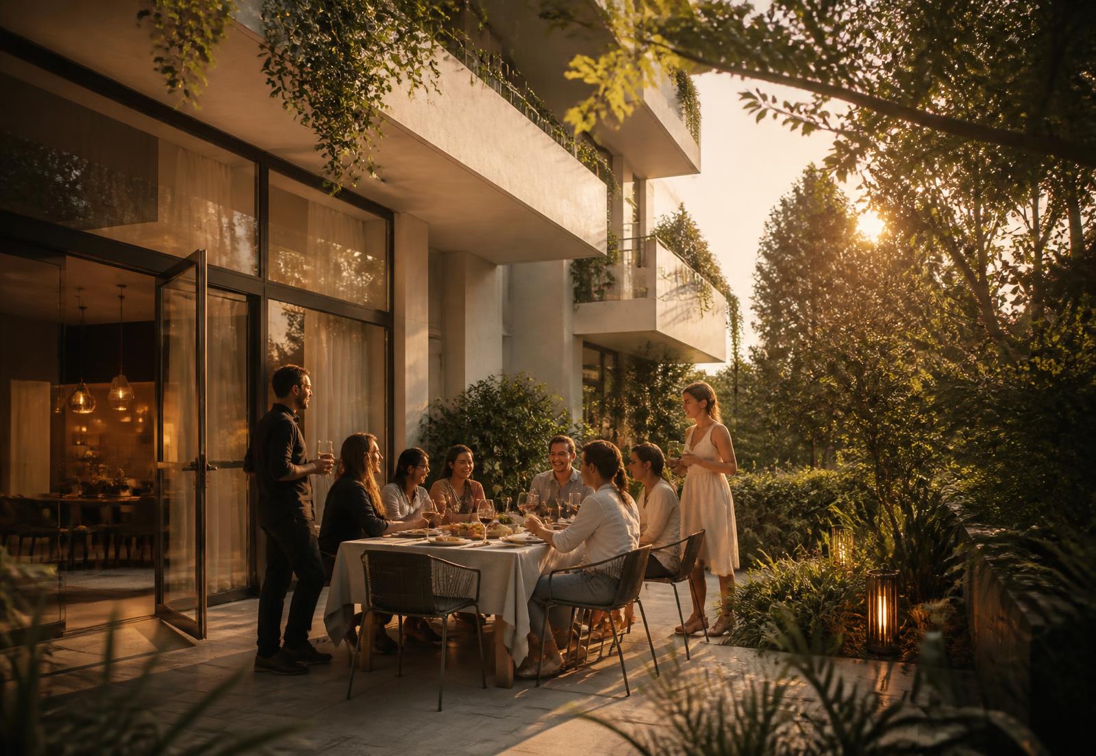 Neighbours gathered around an outdoor table on a modern residential terrace at golden hour
