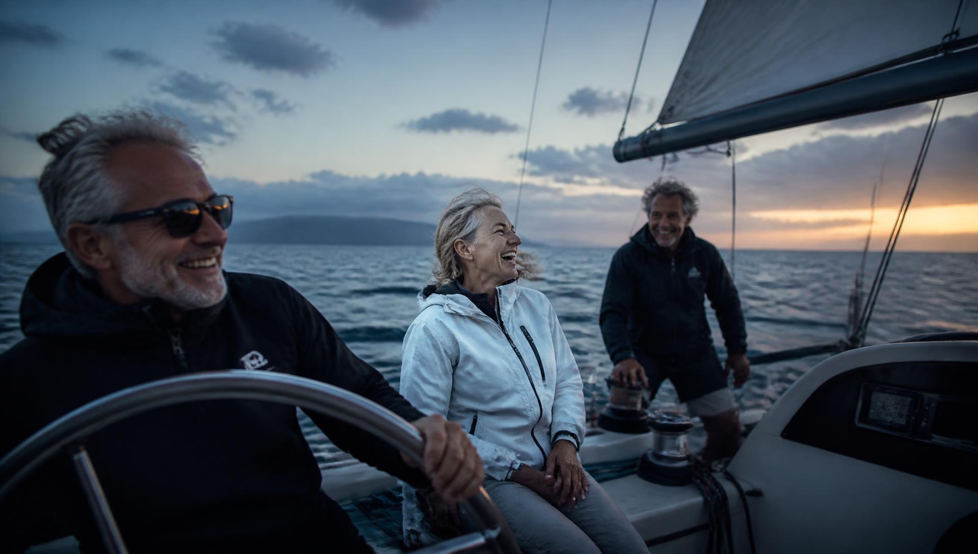 A small group sailing together at dusk